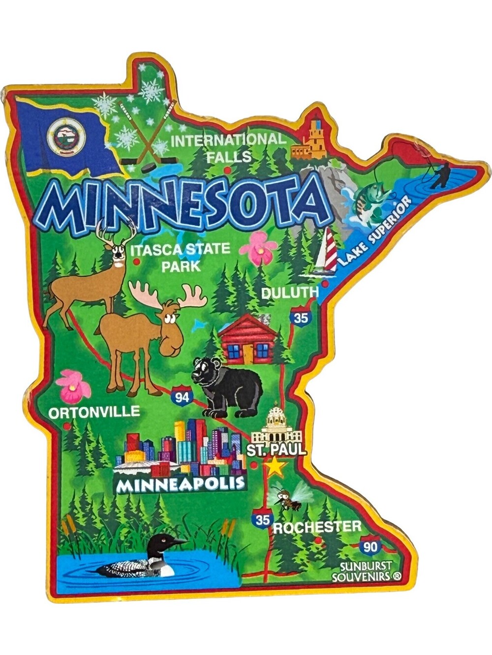 Minnesota State Map Magnet Vacation Souvenir Deer Moose Bear Duck Flag Lake